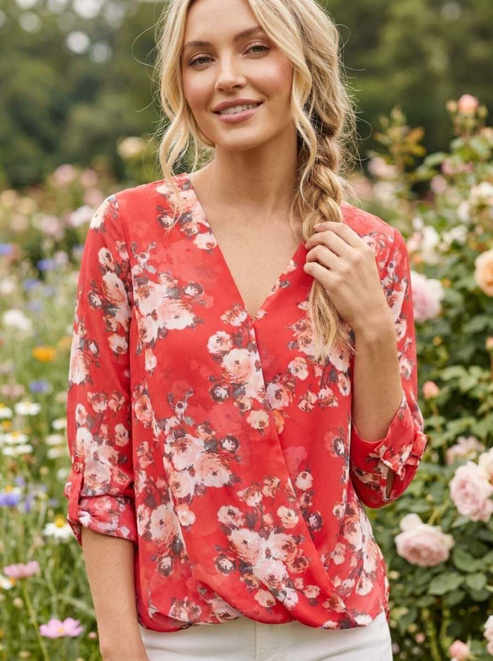 KUT from the Kloth Red Floral Surplice Wrap Blouse Size Small